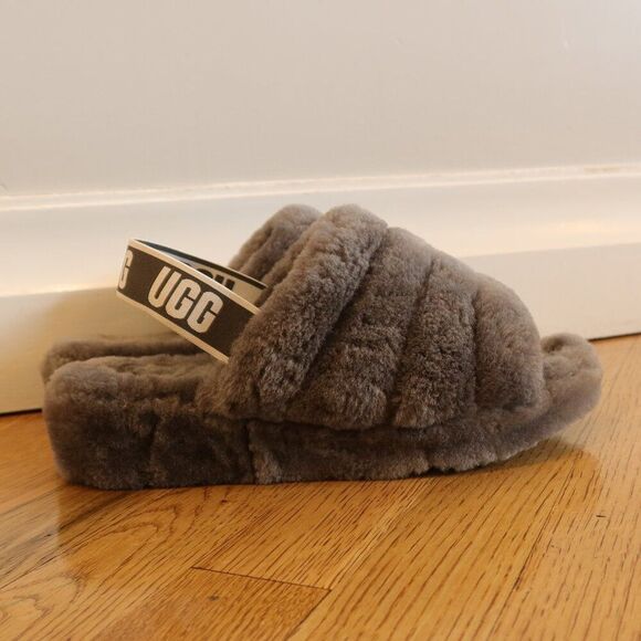 UGG furry slide shoes grey platform branded 10 fun cozy winter lounge trendy - Picture 1 of 6